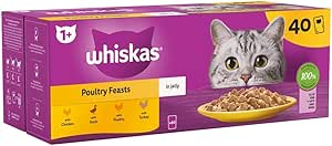 Whiskas 1+ Adult Poultry Selection in Jelly 40 Pouches, Adult Wet Cat Food, Meg0apack (40 x 85 g)