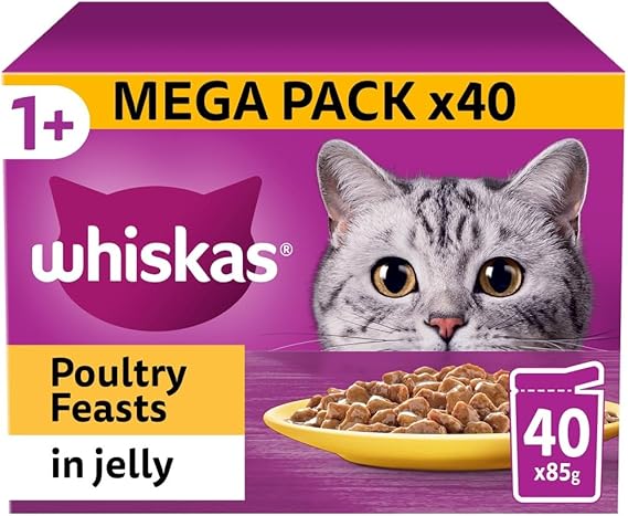 Whiskas 1+ Adult Poultry Selection in Jelly 40 Pouches, Adult Wet Cat Food, Meg0apack (40 x 85 g)