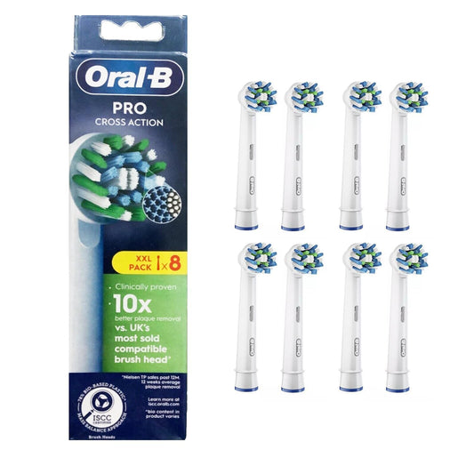 Oral-B Pro Cross Action Electric Toothbrush Head, Oral B Electric Toothbrush Heads, X-Shape and Angled Bristles for Deeper Plaque Removal, Pack of 8 Toothbrush Heads, Oral B Replacement Heads, White