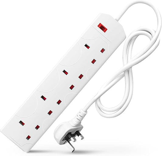 DESIRETECH White Electric Extension Lead - 4 Gang, 1 Metre Cable with UK Plug & 3 Pin Socket - Wall Mountable & Multi Socket Mains Strip for Home, Bedroom, Kitchen, & Office (1 Pack)