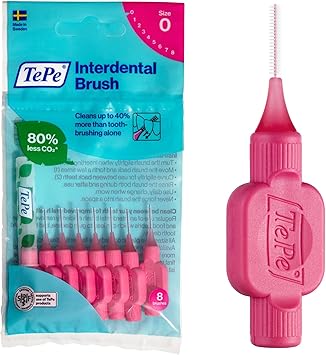 TePe Interdental Brush, Original, Pink, 0.4mm/ISO 0, 8pcs, Plaque Removal, efficient Clean Between Teeth, Tooth Floss, for Narrow Gaps