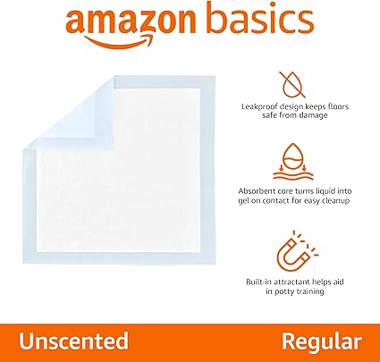 Amazon Basics Dog and Puppy Training Pads, Leakproof, 5-Layer Design with Quick-Dry Surface, Regular, Pack of 50, Blue