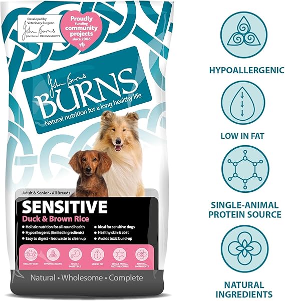 Burns Pet Nutrition Hypoallergenic Complete Dry Dog Food Adult and Senior Dog Sensitive with Duck and Brown Rice 2 kg