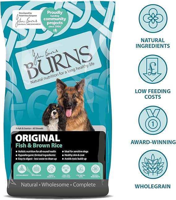 Burns Pet Nutrition Hypoallergenic Complete Dry Dog Food Adult and Senior Dog Original Fish and Brown Rice 12 kg