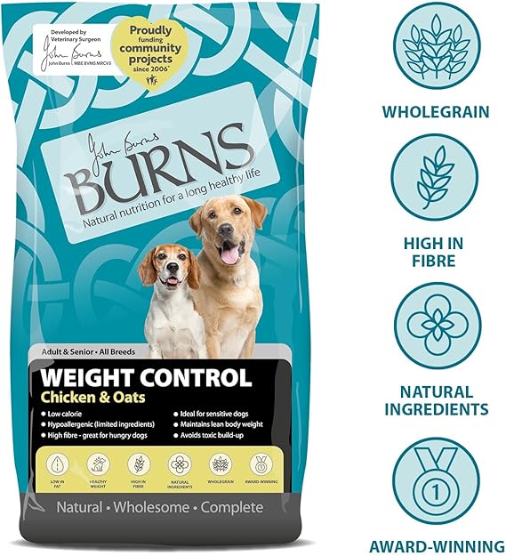 Burns Pet Nutrition Hypoallergenic Complete Dry Dog Food Adult and Senior Dog Weight Control Chicken and Oats 6 kg