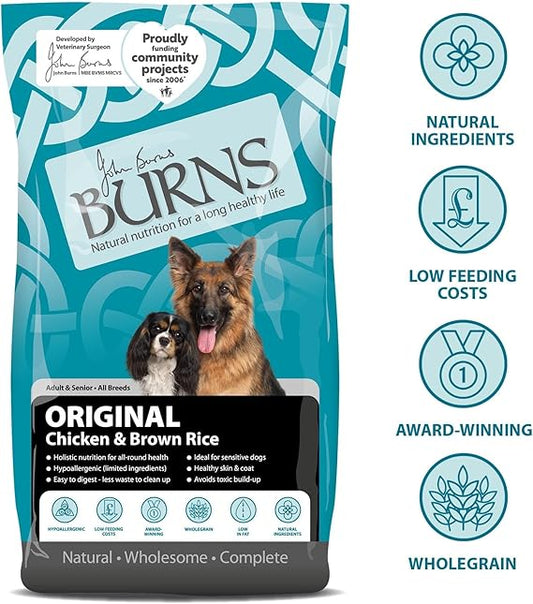 Burns Pet Nutrition Hypoallergenic Complete Dry Dog Food Adult and Senior Dog Original Chicken and Brown Rice 12 kg