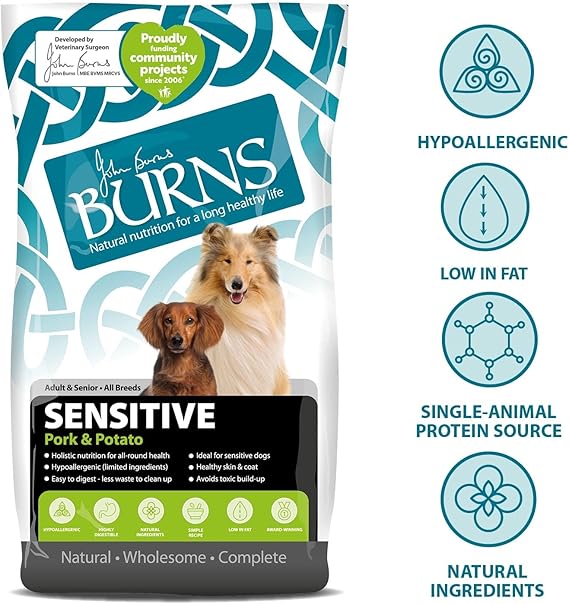 Burns Pet Nutrition Hypoallergenic Complete Dry Dog Food Adult and Senior Dog Sensitive with Pork and Potato 2 kg