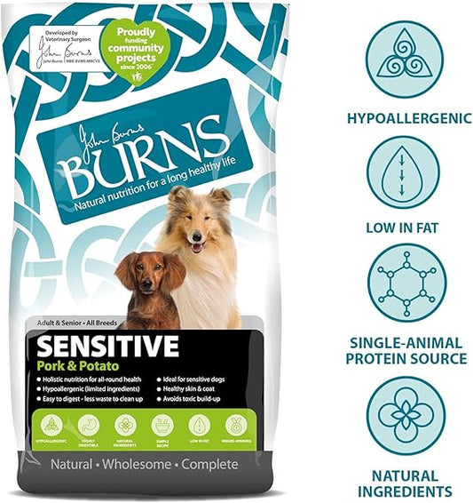 Burns Pet Nutrition Hypoallergenic Complete Dry Dog Food Adult and Senior Dog Sensitive with Pork and Potato 12 kg